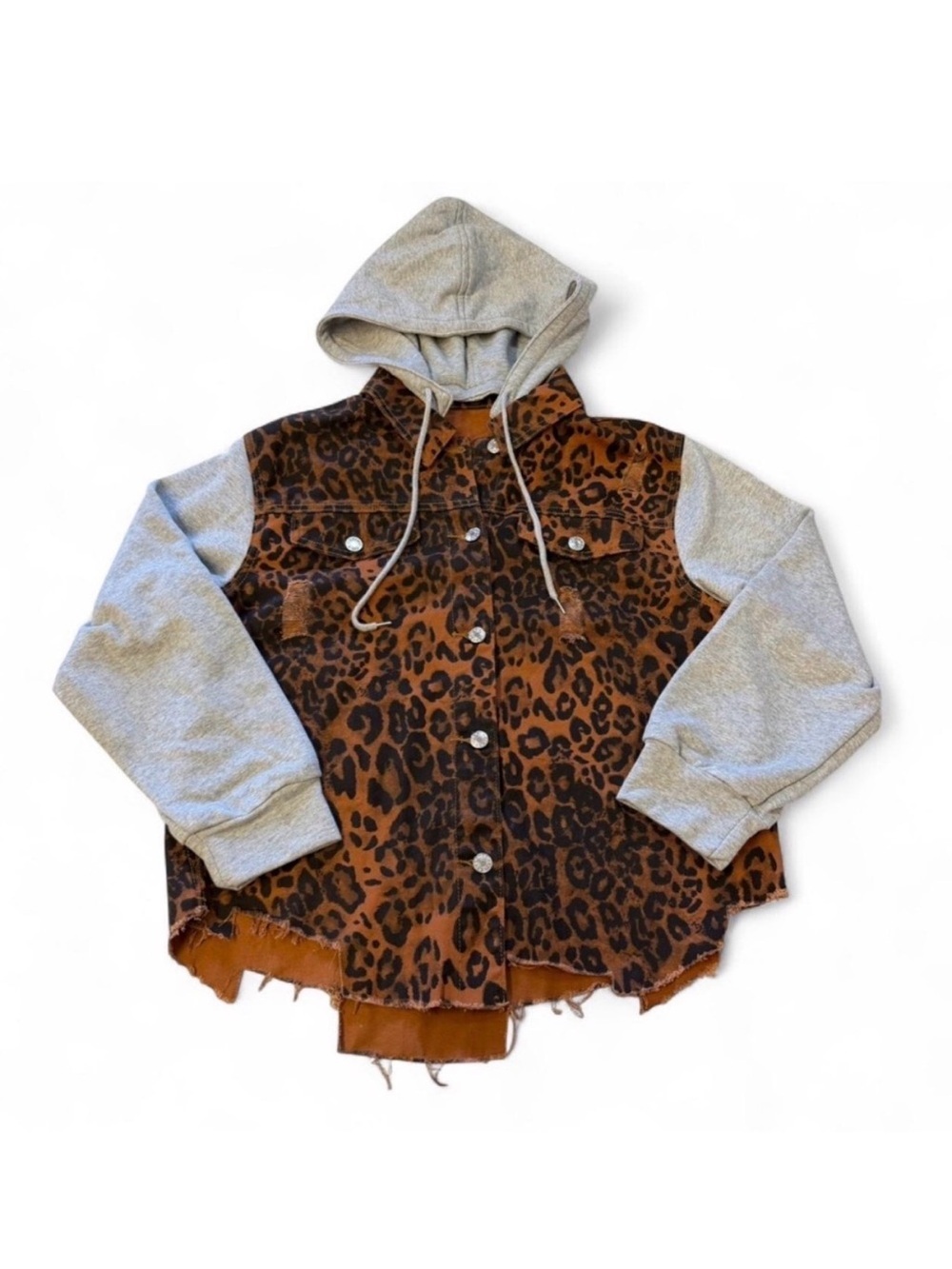 Leopard Print Hoodie Shacket Jacket Women’s Large Boho Baddie Moto Grunge Brown